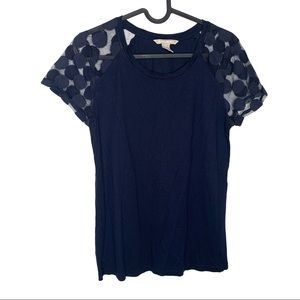 Banana Republic navy top sheer polka dot sleeves M